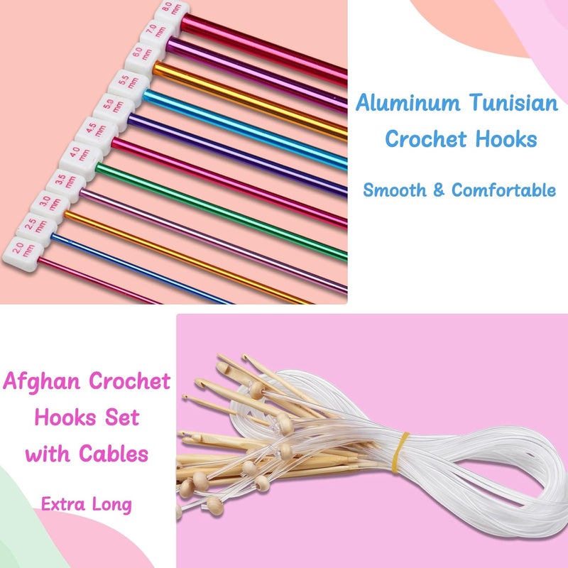 Aeelike Tunisian Crochet Hooks Set with Cable, 11PCS Aluminum Tunisian Crochet Hook 2-8 mm Colorful & 12 PCS Wood Afghan Crochet Hooks 3.5-12 mm, Smooth-Long for Beginners - Image 2